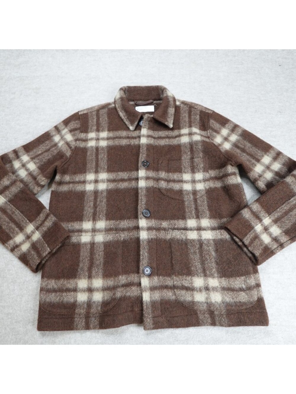 Universal Works Mens Jacket Medium Brown Plaid Field Chore Wool Blend Portugal